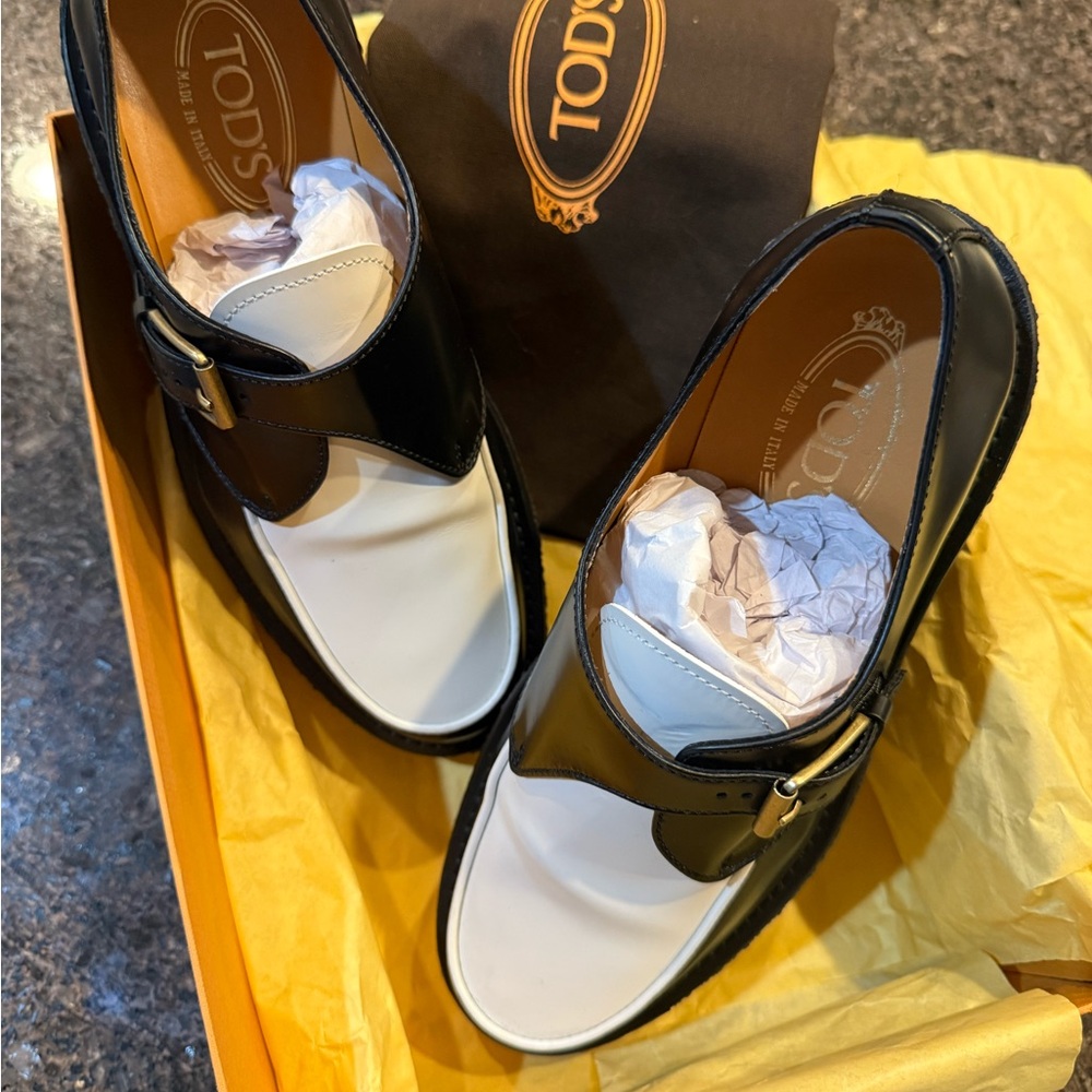 TOD'S Black and White Leather Monk Strap Loafers